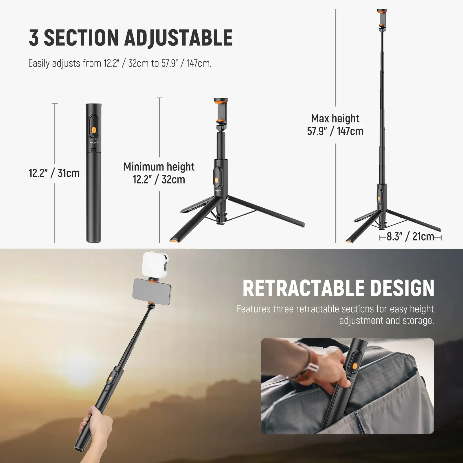 NEEWER BASICS PA992 57.9 inch quick release selfie stick tripod extended on white background