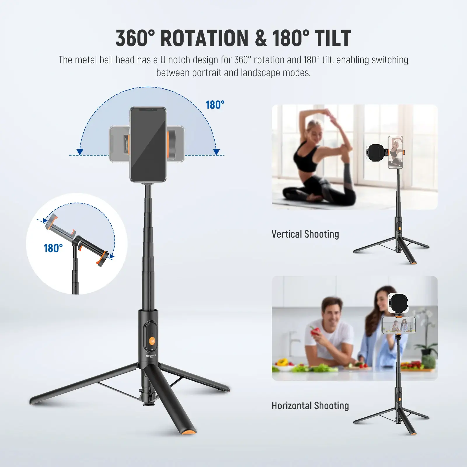 NEEWER BASICS PA992 57.9 inch quick release selfie stick tripod extended on white background