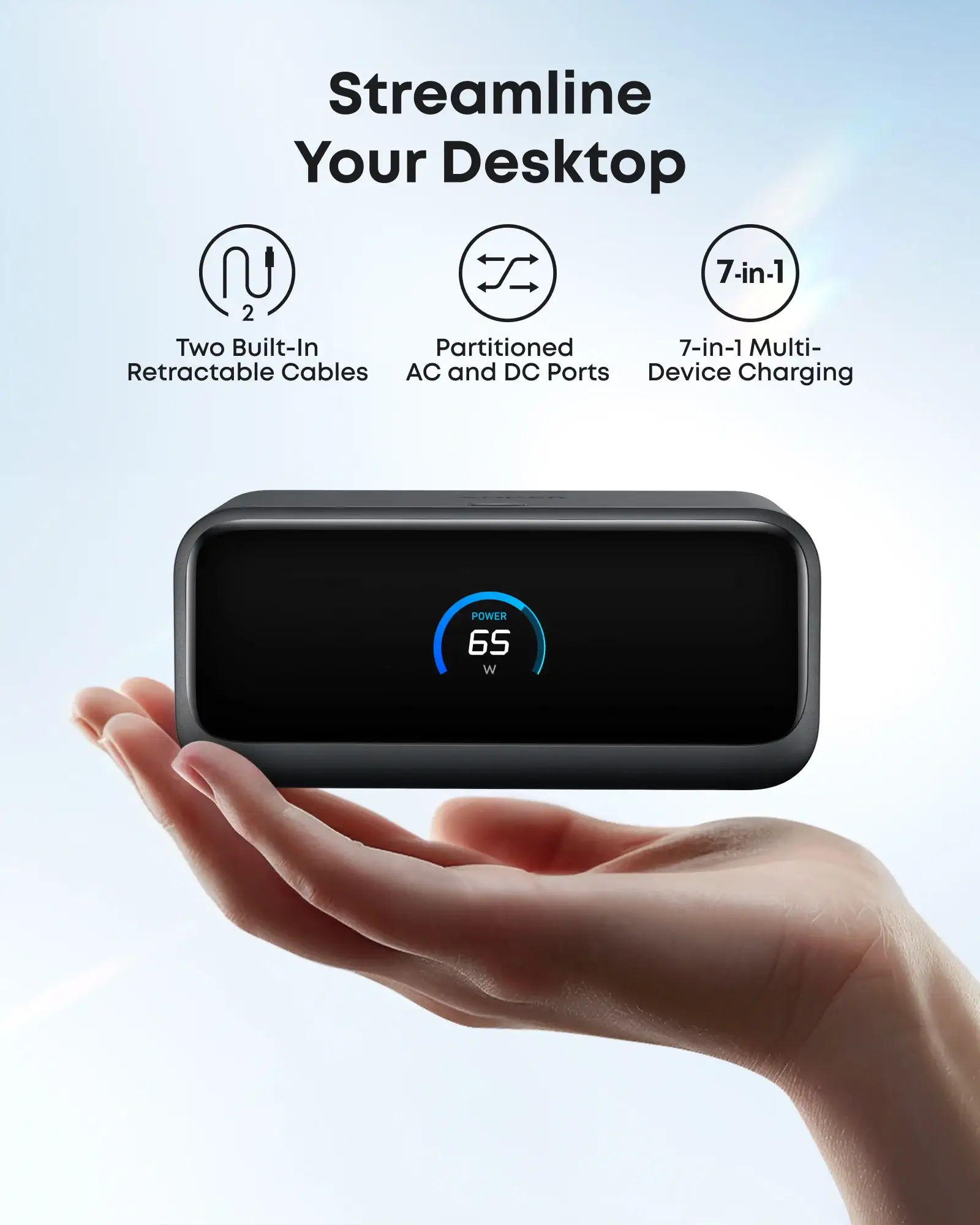 Anker Nano 6-in-1 charging station with multiple USB ports and wireless charging pad on white background