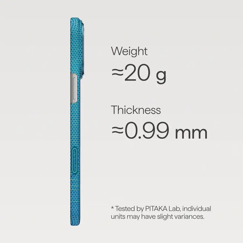 iPhone 17 ProMax in Pitaka Lucid Blue ultra slim protective case showing sleek transparent design