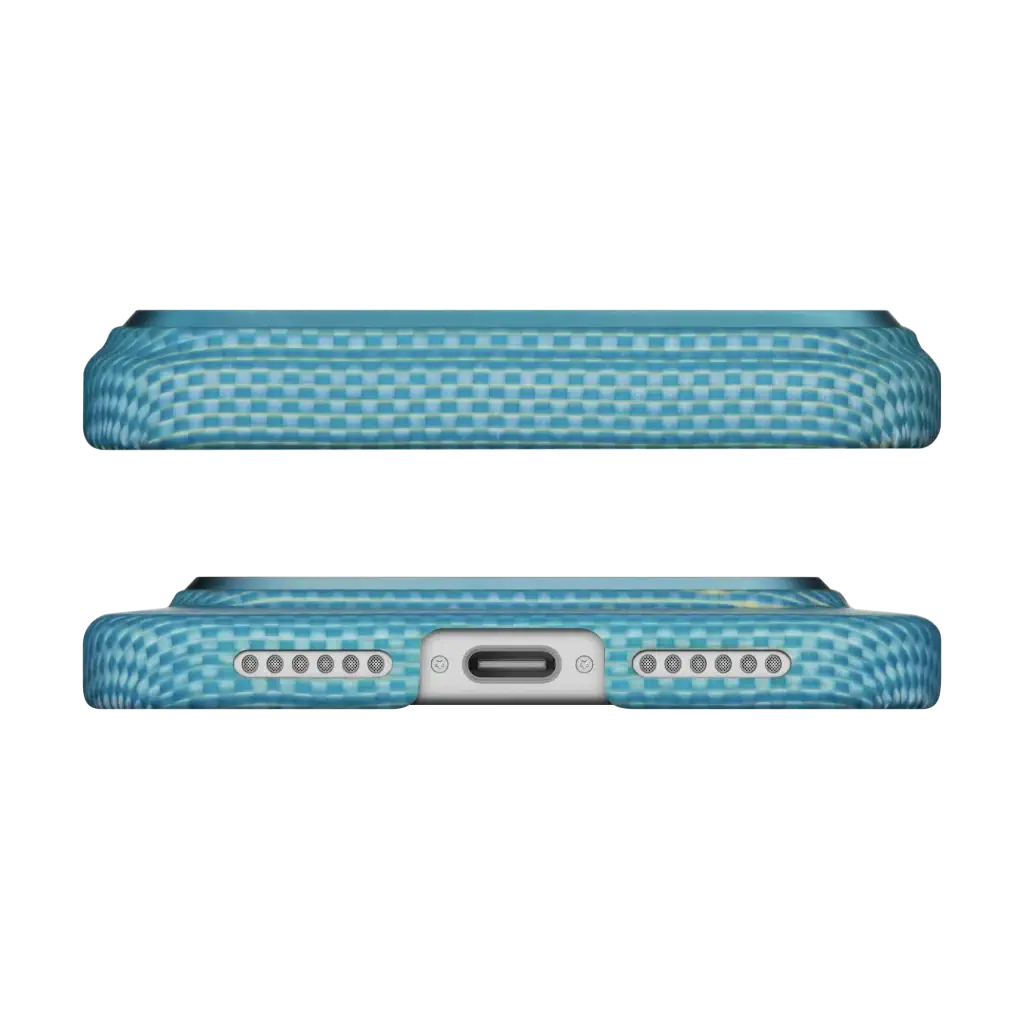 iPhone 17 ProMax with Pitaka Lucid Blue Ultra Slim protective case showing sleek transparent blue design