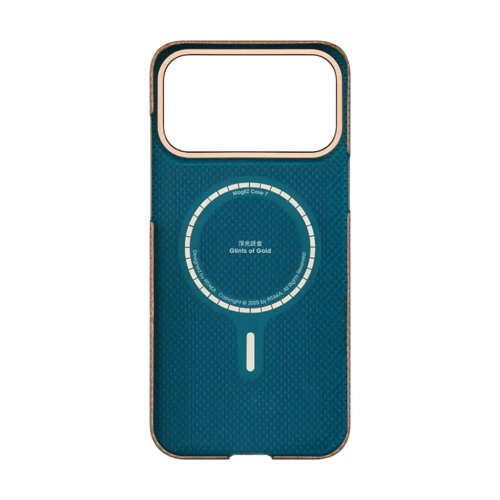 iPhone 17 Pro Max in gold Pitaka Golden Glint ultra slim protective case showing sleek premium design