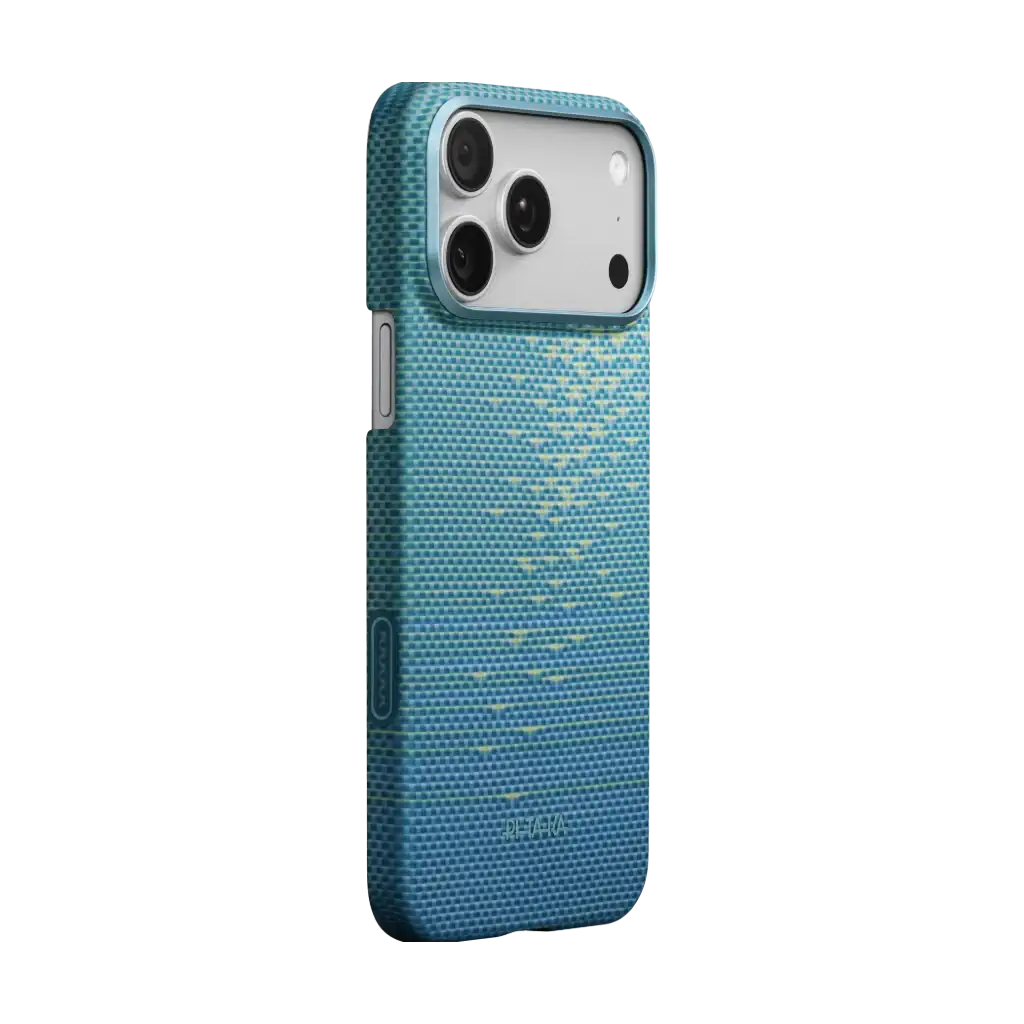 iPhone 17 Pro Max with Pitaka Lucid Blue ultra slim protective case showing sleek transparent blue design