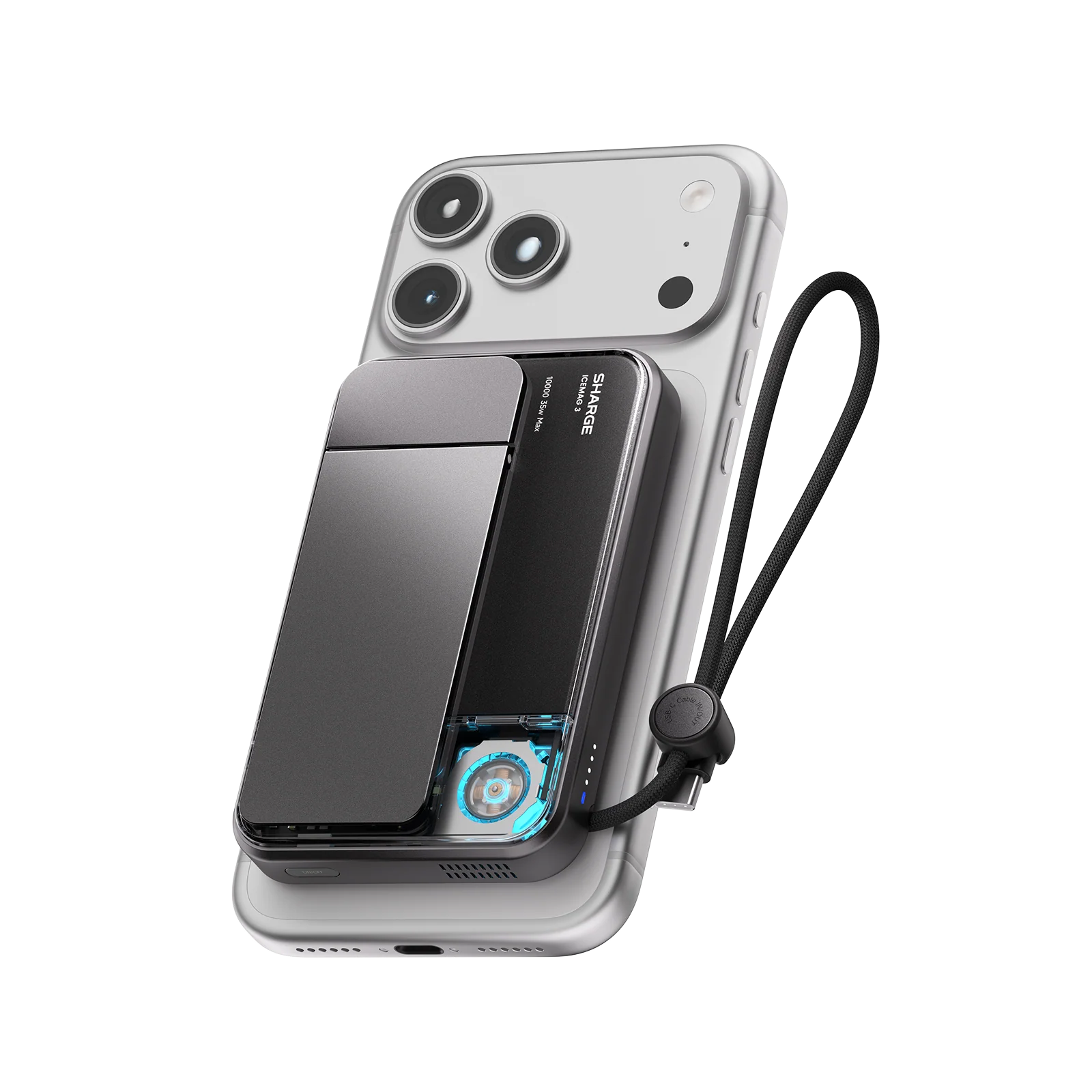 SHARGE ICEMAG 3 10K mAh power bank with 35W charging, Qi2 wireless charging, and built-in cable