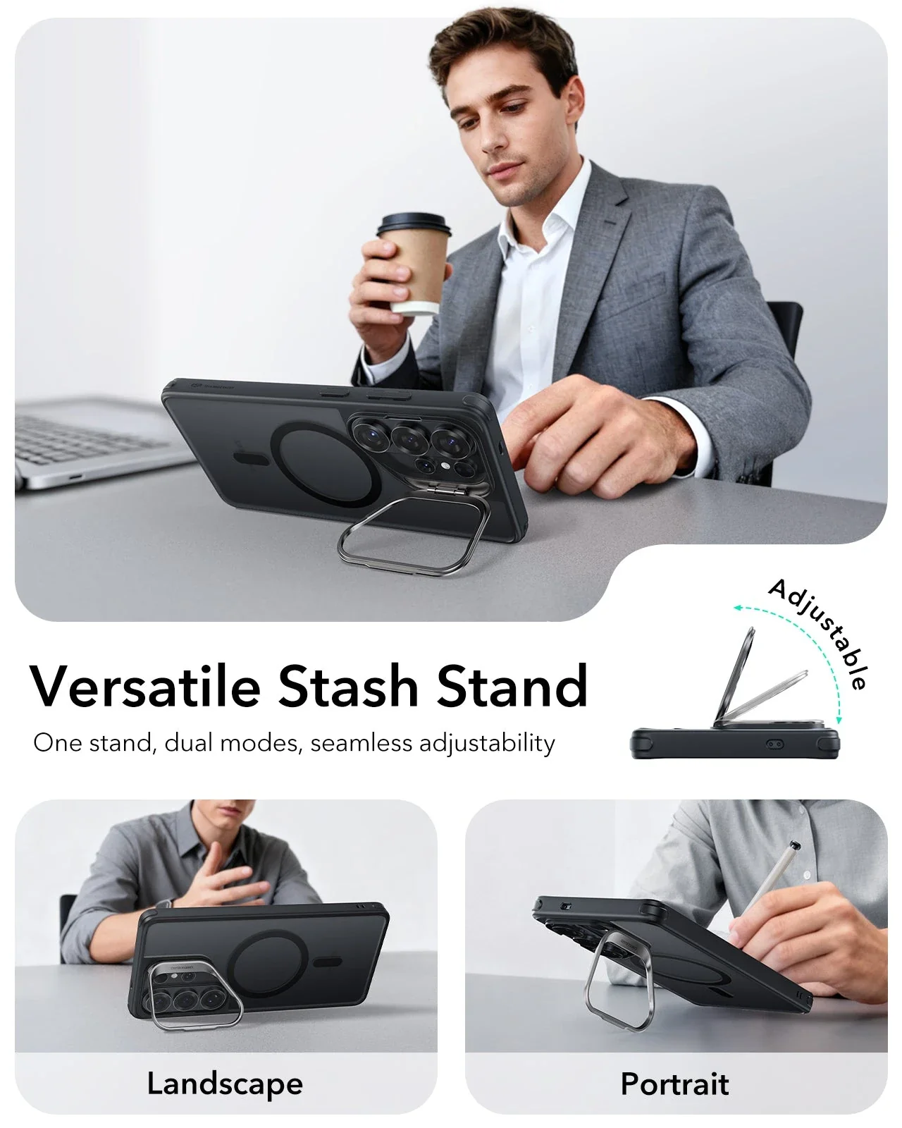 Galaxy S26 Ultra Classic Hybrid Magnetic Case with Stash Stand in Frosted Black by ESR, showing protective design