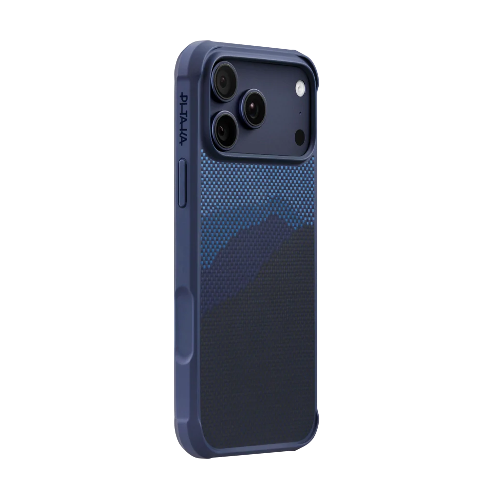 iPhone 17 Pro Max with Pitaka Over the Horizon Aramid ProGuard case showing premium protection and sleek design