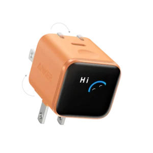 Anker Nano Charger 45W with smart display and 180° foldable pins in orange, ideal for fast charging