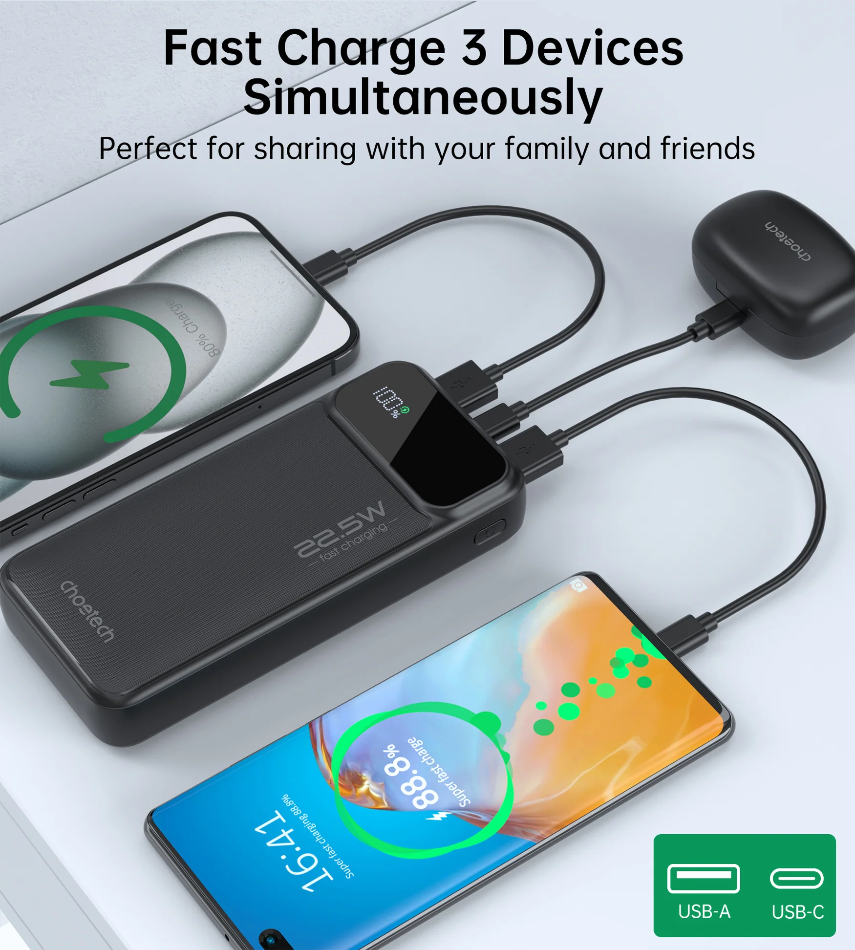 Choetech 20000mAh Power Bank 22.5W USB-C + Dual USB-A, Black- B729 - Image 8