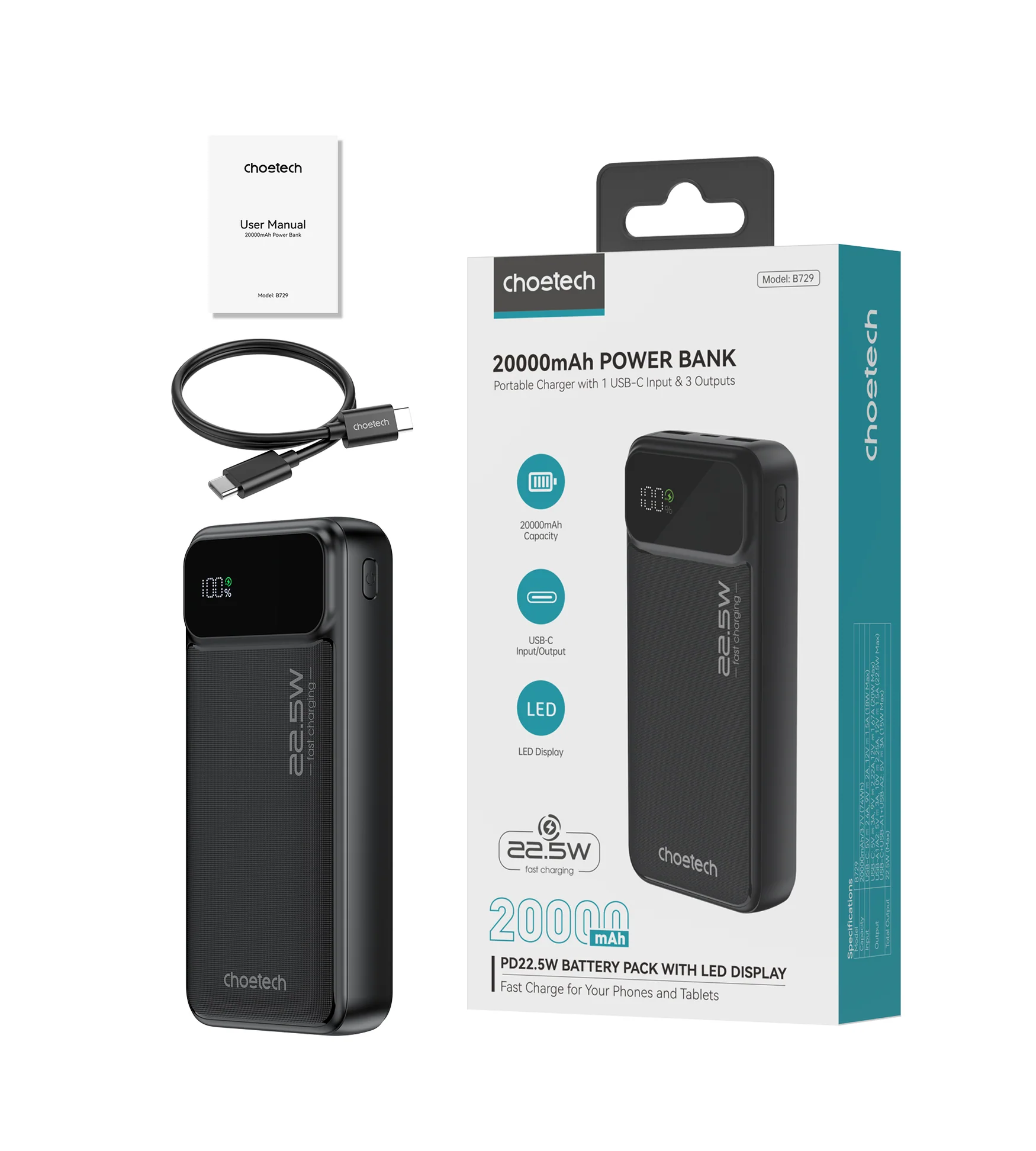 Choetech 20000mAh Power Bank 22.5W USB-C + Dual USB-A, Black- B729 - Image 3
